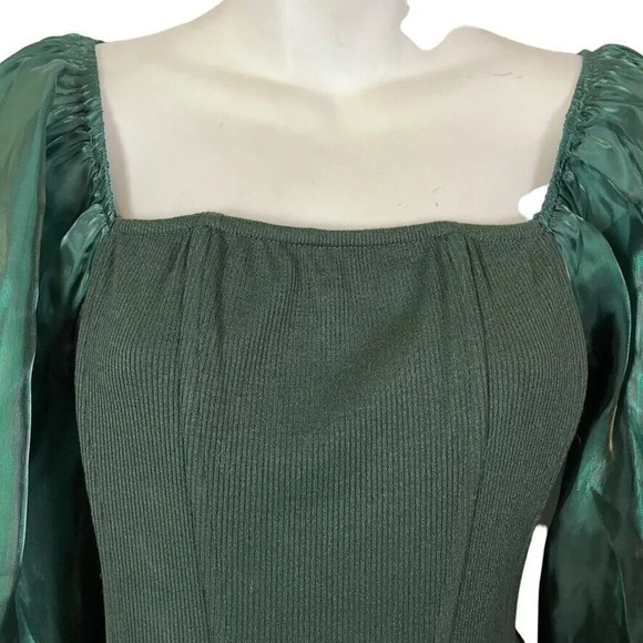 Oddy Womens Sheer Puff Sleeve Boned Ribbed Green Top Shirt Blouse NWT sz Large - Picture 4 of 16